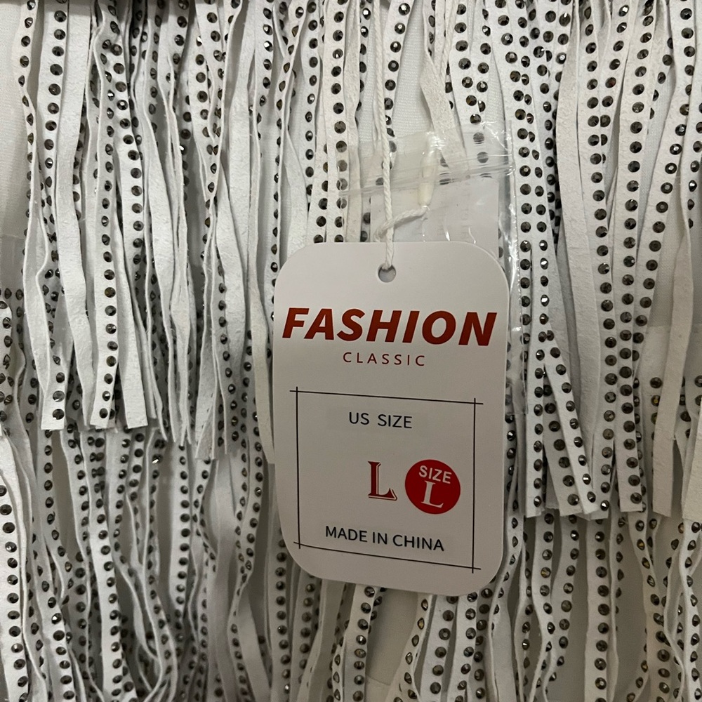 White Studded Fringe Shorts with Belt - Picture 2 of 4